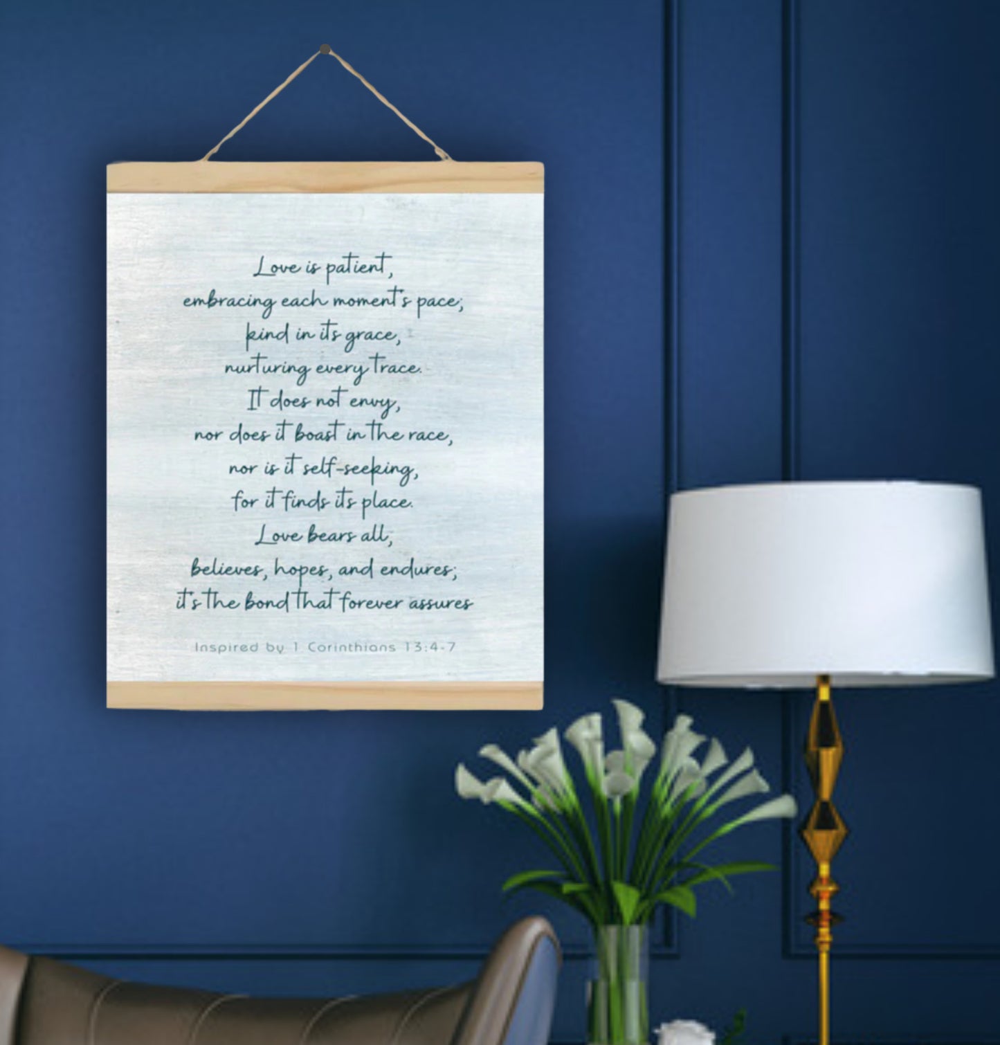 Inspired by 1 Corinthians 13:4-7 Blue Farmhouse Wall Art