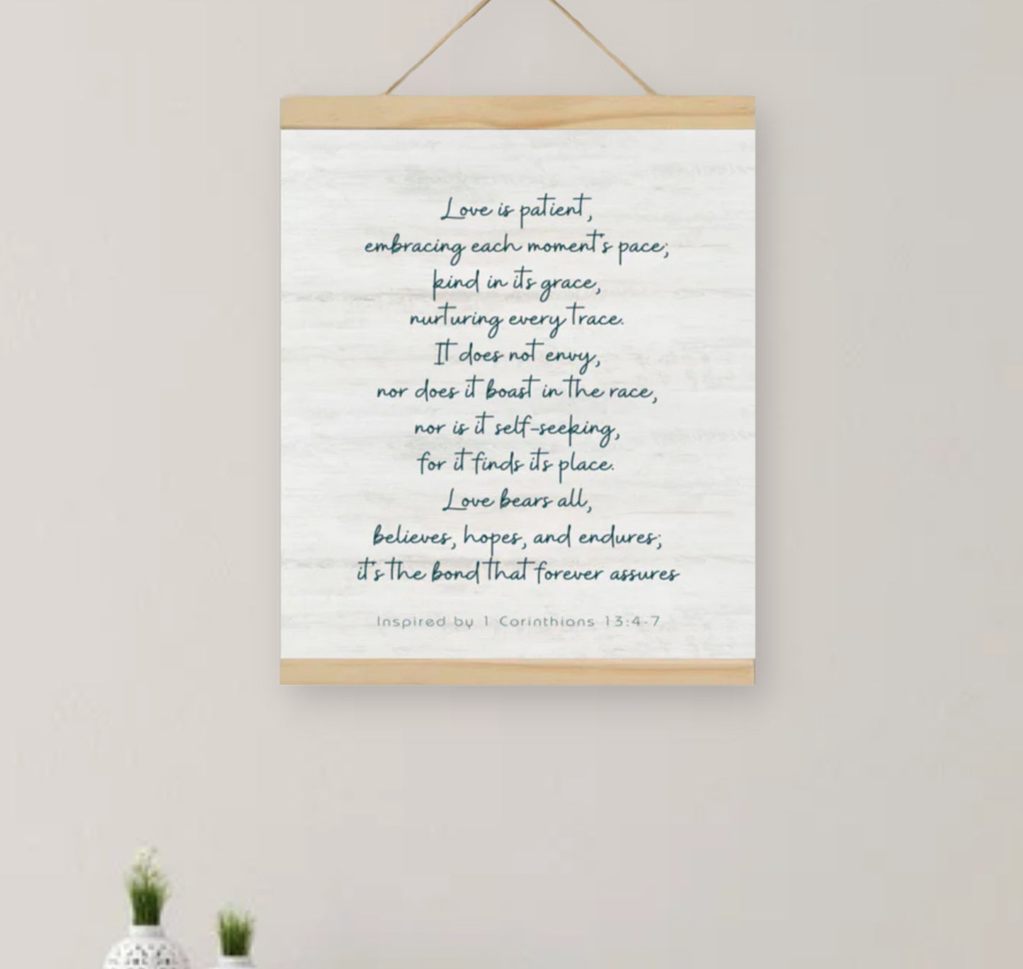 Inspired by 1 Corinthians 13:4-7 Teal Farmhouse Wall Art
